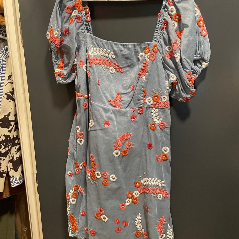 Embroidered Floral Dress - Blue and Orange Flower Detail